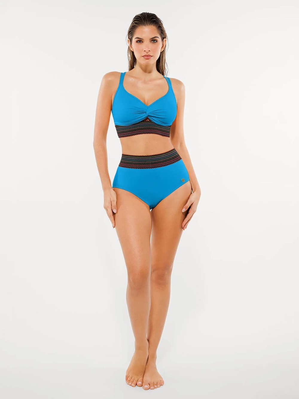 NWT Popilush Boho Trim High Waist Tummy Control Bikini Set in Blue